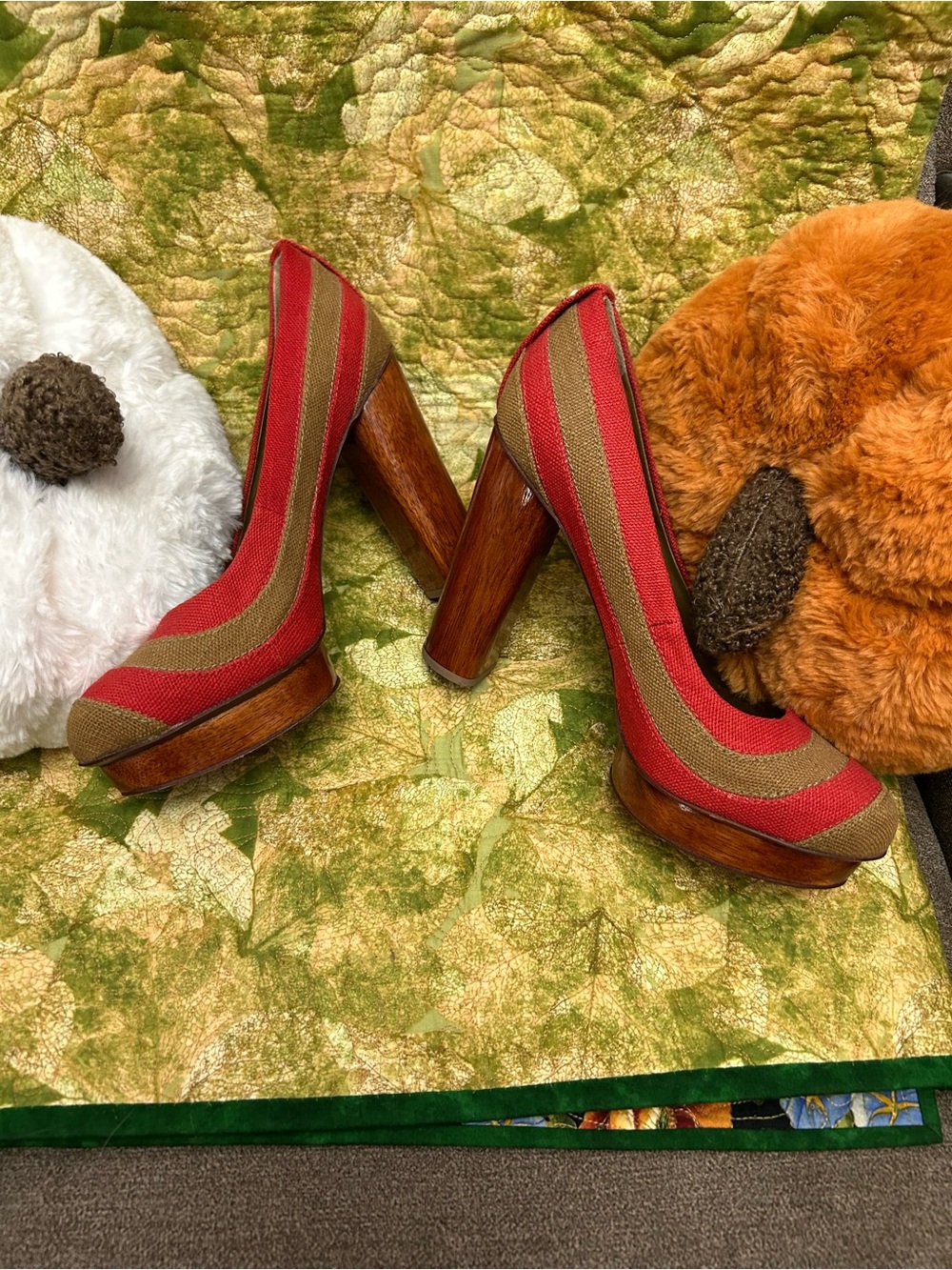 Tory Burch Red and Brown Striped Canvas Pumps